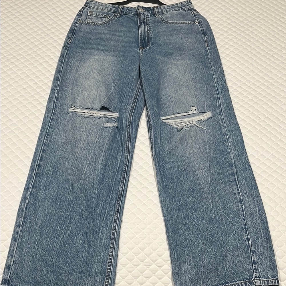 Blue Flare Wide Leg Jeans with Distressed Knees